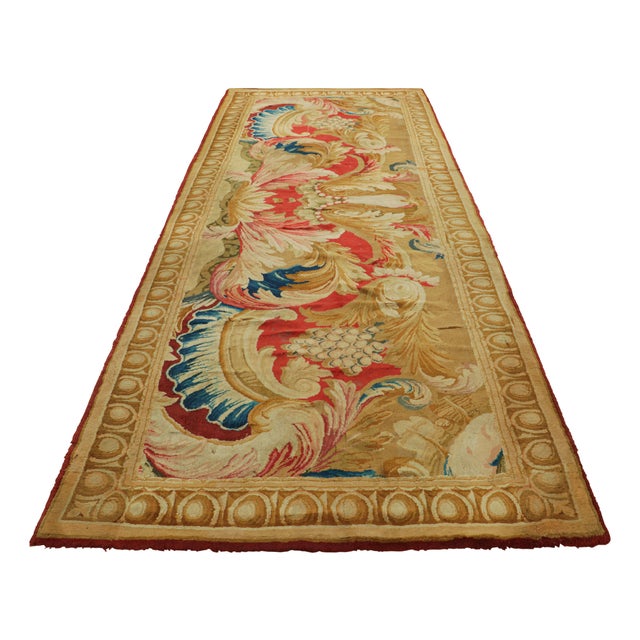 Made with hand-knotted wool and velvet in France circa 1880-1890, this 5x14 gallery runner is a rare antique French...