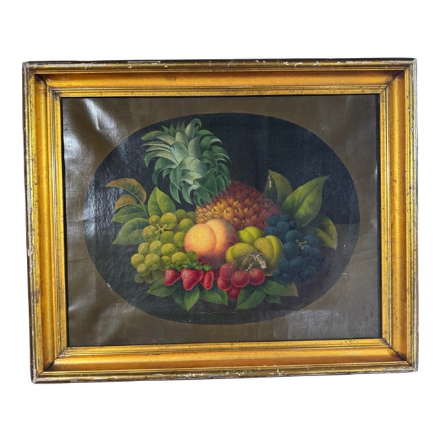 Primitive Antique Country Gilt Framed Still Life Oil Painting Canvas W Berries For Sale