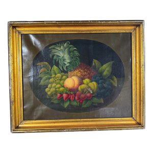 Primitive Antique Country Gilt Framed Still Life Oil Painting Canvas W Berries