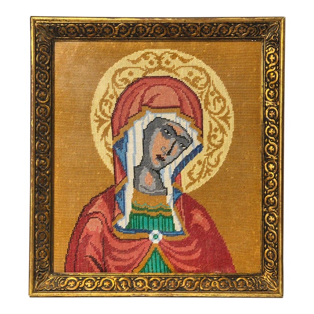 Vintage Framed Needlepoint Icon Virgin Mary Greece For Sale