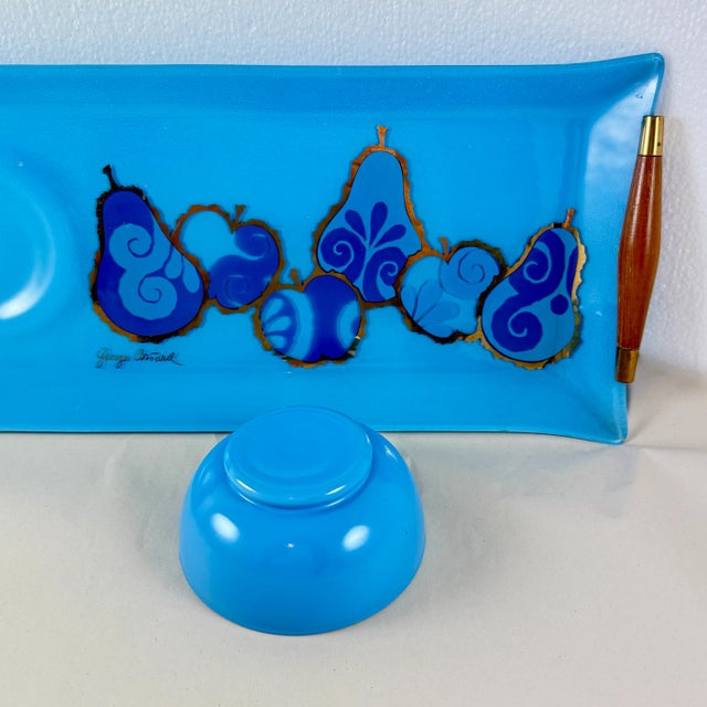 Georges Briard Peacock Blue Pageant Fruit Glass Tray & Dip Bowl For Sale - Image 9 of 15