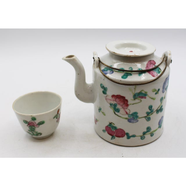Chinese Circa 1880s Famille Rose Tea Pot & Tea Bowl in Basket For Sale - Image 3 of 11