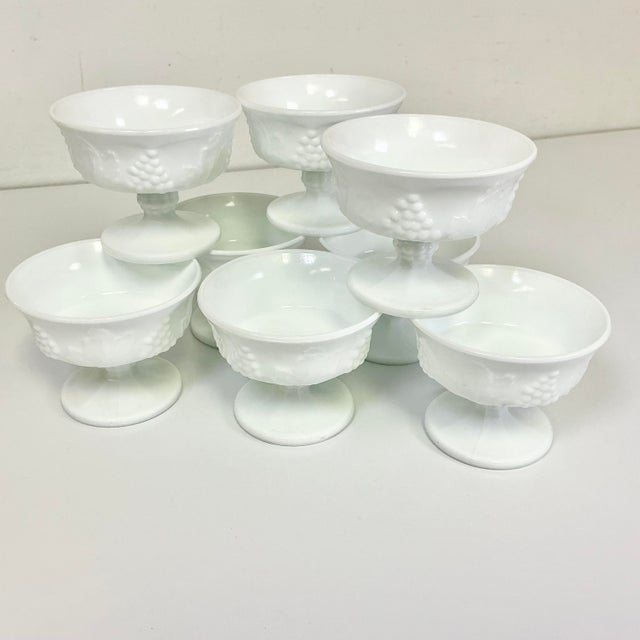 1970s Vintage Americana Arts & Crafts Indiana Glass Grape Milk Glass Champagne Coupes/Sherbet Cups - Set of 8 For Sale - Image 6 of 14