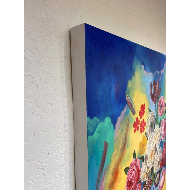 Abstract Flowers Floating in Chromatic Clouds by Robin Hextrum | Oil on Panel Bouquet of colorful flowers For Sale - Image 3 of 4