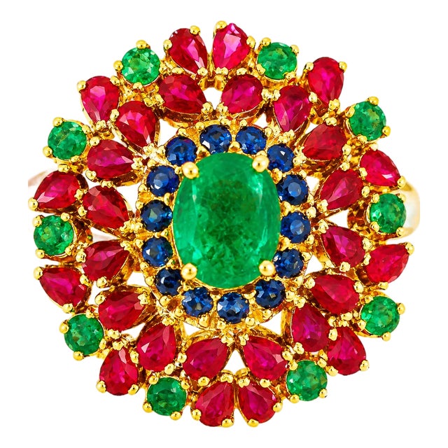 Late 20th Century 22K and 18K Yellow Gold Estate Ruby Emerald Sapphire Cocktail Ring, Size 8.25 For Sale