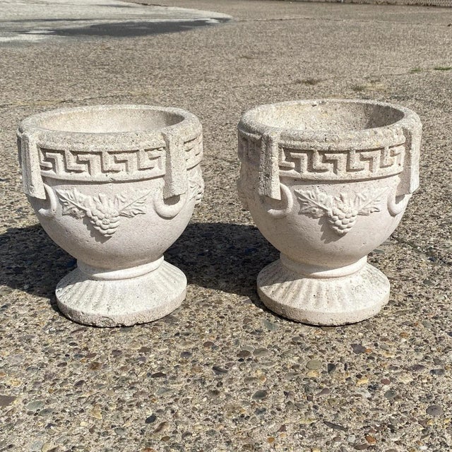 White Vintage Greek Classical Style Concrete Greek Key Garden Flower Planter Pot, Pair For Sale - Image 8 of 8