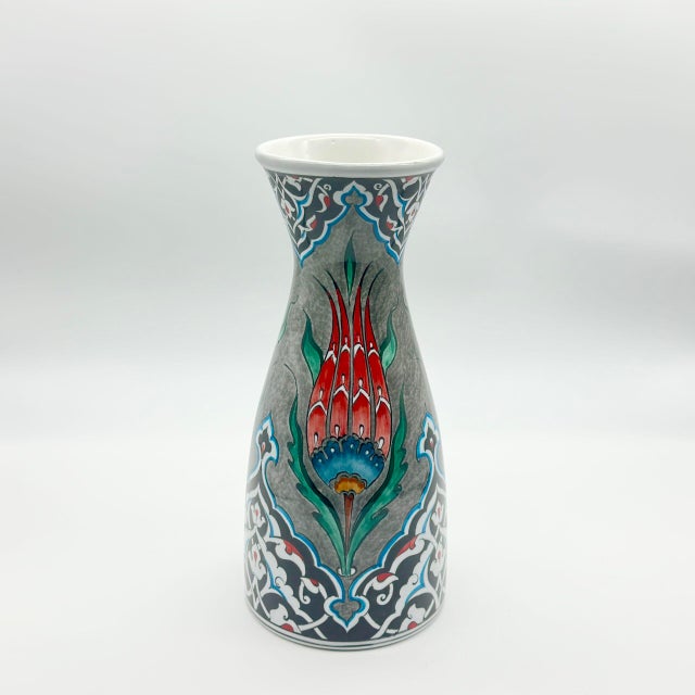 Ceramic Handmade Ceramic Conical Vase (25cm) – Antique Stone Texture & Red Tulip Pattern – Vintage Style Decor For Sale - Image 7 of 8