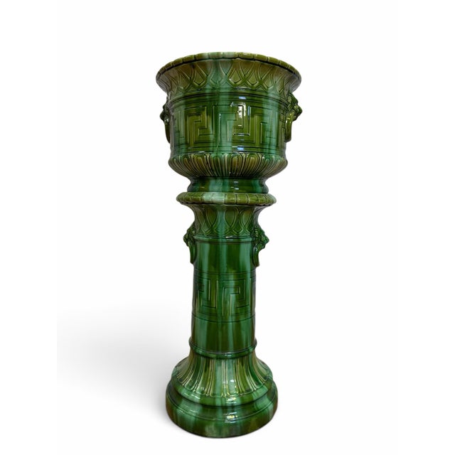 Neoclassical Early 20th Century Brush-McCoy "Green Onyx" Majolica Jardiniere and Pedestal Set - Shape #1160 For Sale - Image 3 of 6