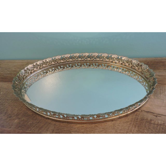 Vintage Metal Filigree Large Oval Mirror Vanity Tray Brass Finish For Sale - Image 17 of 18