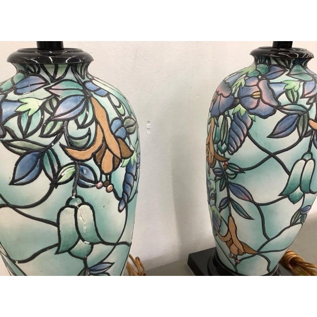 Pair of Art Nouveau Floral Cloisonné-Style Ceramic Table Lamps With Hollywood Provenance For Sale - Image 4 of 4