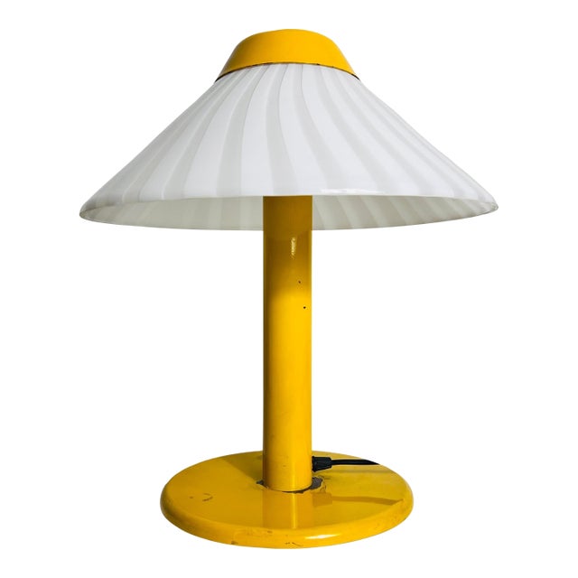 Heavy Yellow Metal and Glass Table Lamp, 1960s, Italy For Sale