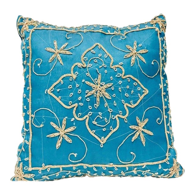 Throw Decorative Turquoise Moorish Pillow Embellished With Sequins and Beads For Sale