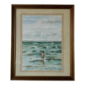 80's Fiona Adan Girl on the Beach Impressionist Watercolor Painting, Framed