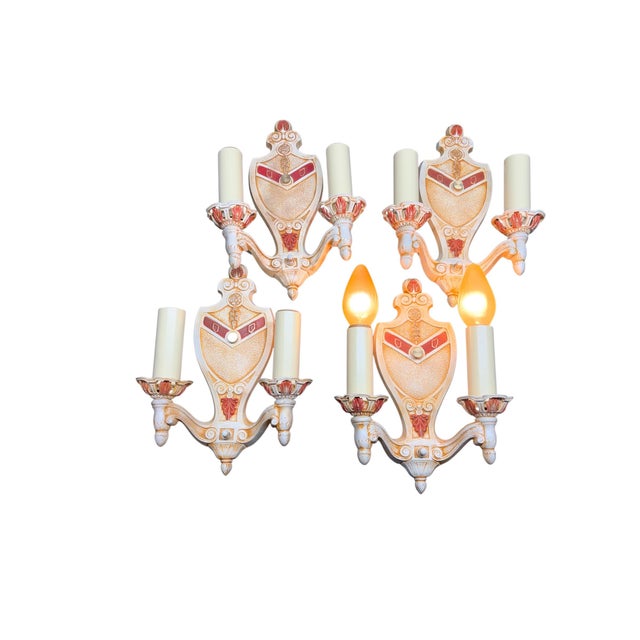 Markel Corporation 1920s Wall Sconces Ivory Cream White and Red With Gold Colored Highlights Two Light Candle Sconces Restored - Set of 4 For Sale - Image 4 of 13