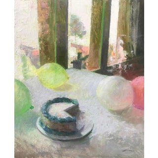 Compelling by Mia Bergeron | Oil on Panel Still life of a cake and colorful balloons near a window For Sale