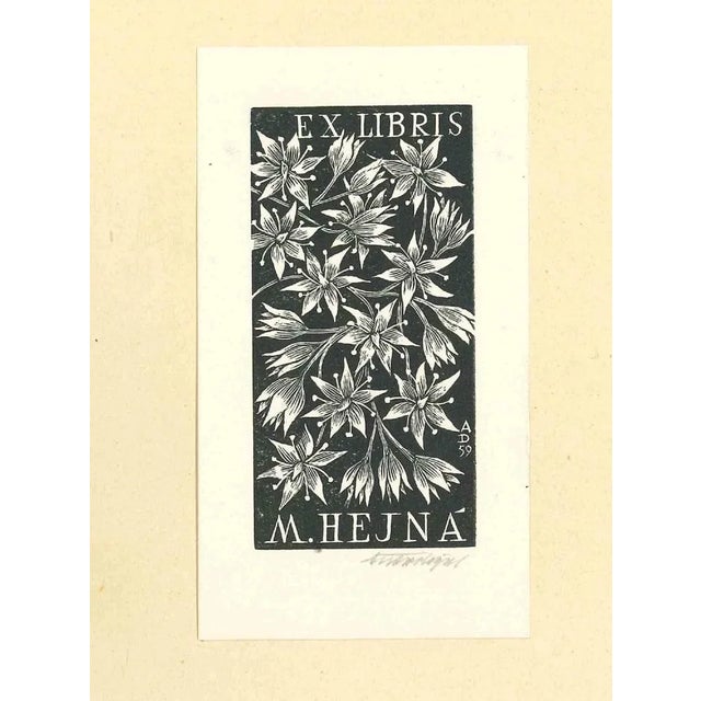 Ex Libris Hejna is an original Artwork realized in the half of the 20th Century. Original B/W Lithograph artwork on ivory-...