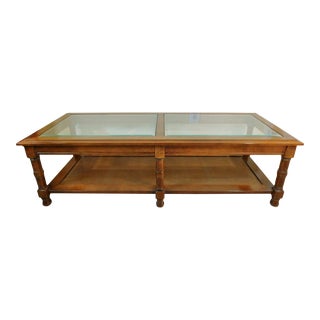 Vintage Solid Mahogany Cane Beveled Glass Coffee Table For Sale