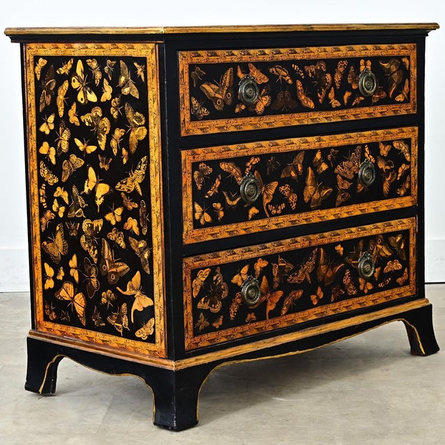 English Painted Pine Chest of Drawers with Moth Decoupage For Sale - Image 9 of 12