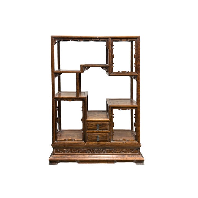 Pair Chinese Vintage Brown Stain Chest Height 51" Curio Display Cabinets For Sale - Image 10 of 11