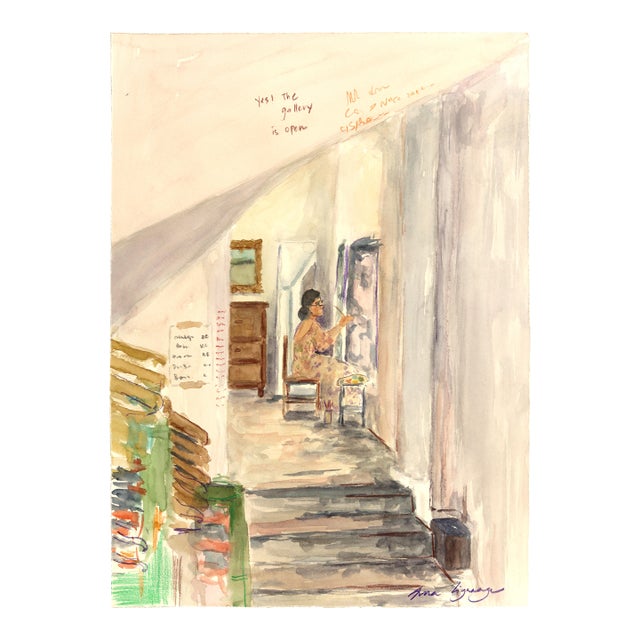 Gallery Is Open - Original Figurative Watercolor Interior Painting on Paper by Ama Liyanage For Sale