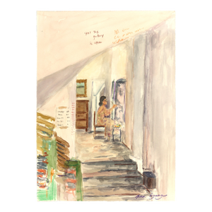 Gallery Is Open - Original Figurative Watercolor Interior Painting on Paper by Ama Liyanage