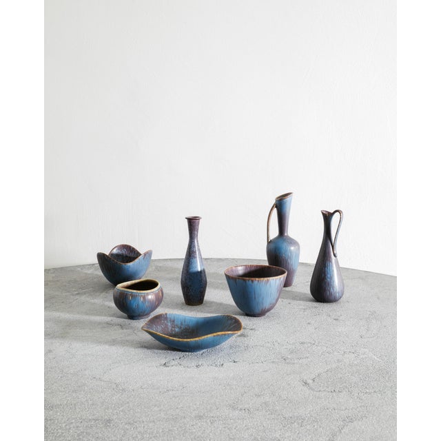Mid-Century Swedish Blue Brown Ceramic Bowls and Vases by Gunnar Nylund for Rörstrand, 1950s, Set of 7 For Sale - Image 3 of 7