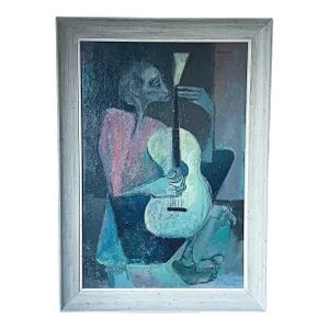 Mid-Century Oil Painting Depicting Musician Guitar by Leonard (Len) Poteshman, Framed