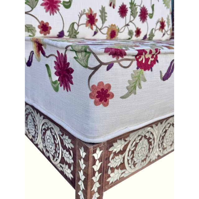 1980s Vintage Mother of Pearl Inlay Bench With Hand Embroidered Suzani-Style Linen Upholstery For Sale - Image 5 of 10