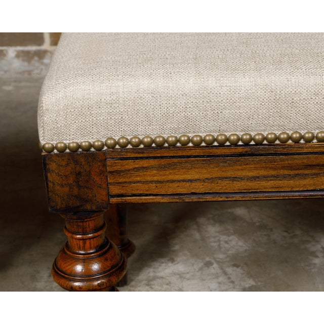 Wood Pair of English 19th Century Oak Stools with Turned Legs and Custom Upholstery For Sale - Image 7 of 12