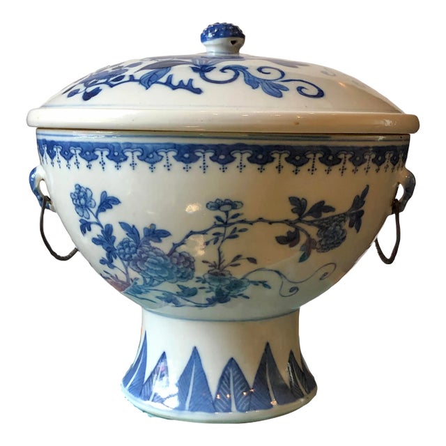 19th Century Chinese Blue & White Hot Water Dish With Liner For Sale