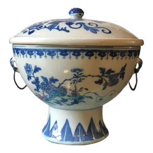 19th Century Chinese Blue & White Hot Water Dish With Liner