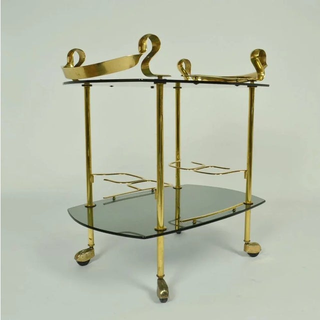 Italian Bar Cart in Brass and Smoked Glass, 1960s For Sale - Image 4 of 12