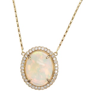 6.36cts Ethiopian Opal Pendant With Natural Diamonds Halo in 14k Solid Gold For Sale