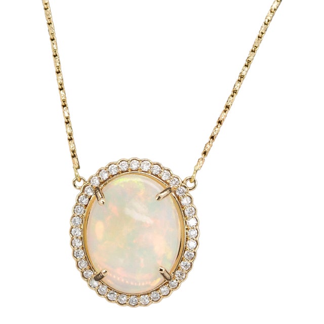 6.36cts Ethiopian Opal Pendant With Natural Diamonds Halo in 14k Solid Gold For Sale