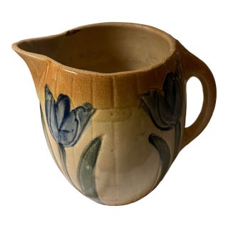Antique 1910s Attributed to Roseville Early Ware Art Pottery Ceramic Pitcher W/ Blue Tulips For Sale
