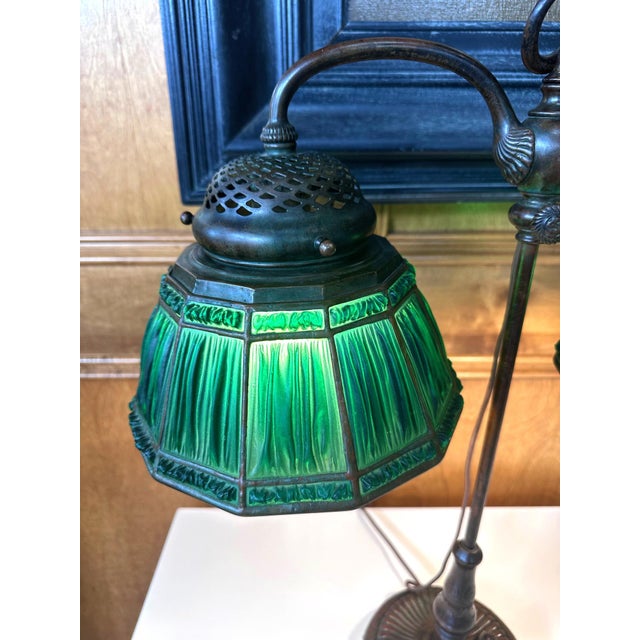 Metal Rare Green Linenfold Double Student Table Lamp Tiffany Studio For Sale - Image 7 of 18