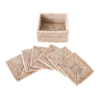 Artifacts Rattan Square Coasters & Box For Sale