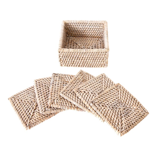 Artifacts Rattan Square Coasters & Box For Sale