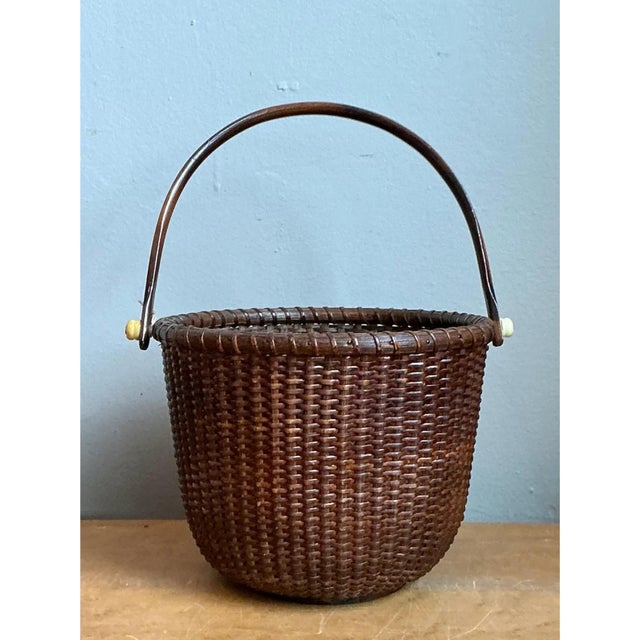 Vintage Woven Rattan Nantucket Basket With Handle For Sale - Image 12 of 12