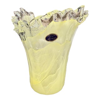 Vintage Murano Italy Yellow Swirl Freeform Ruffle Rim Art Glass Vase For Sale