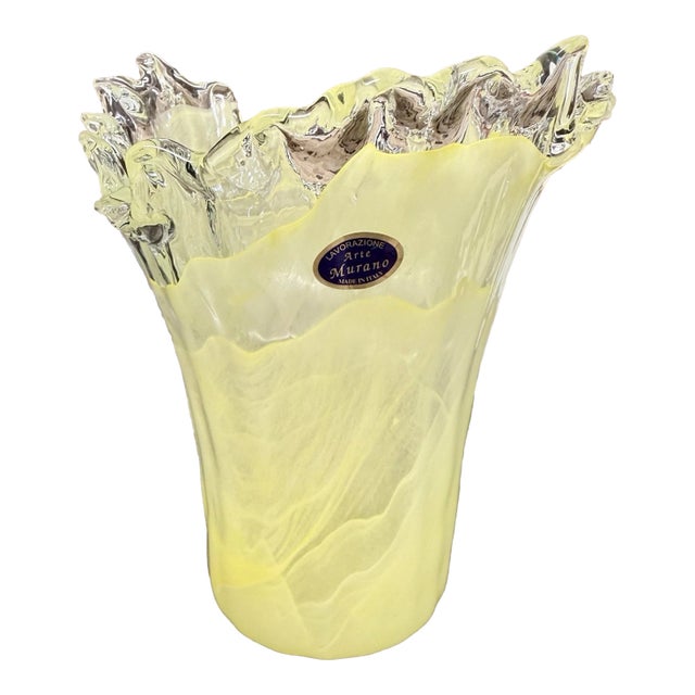 Vintage Murano Italy Yellow Swirl Freeform Ruffle Rim Art Glass Vase For Sale