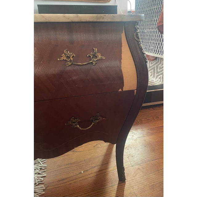 Brass Antique French Louis XV Style Bombe Chest With Marble Top For Sale - Image 8 of 12