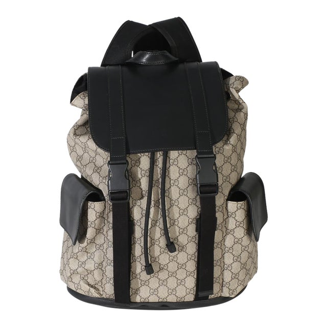 Beige Black GG Supreme Canvas Double Buckle Backpack For Sale