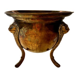Vintage Brass Lions Head 3 Footed Jardiniere Planter Cache Pot For Sale