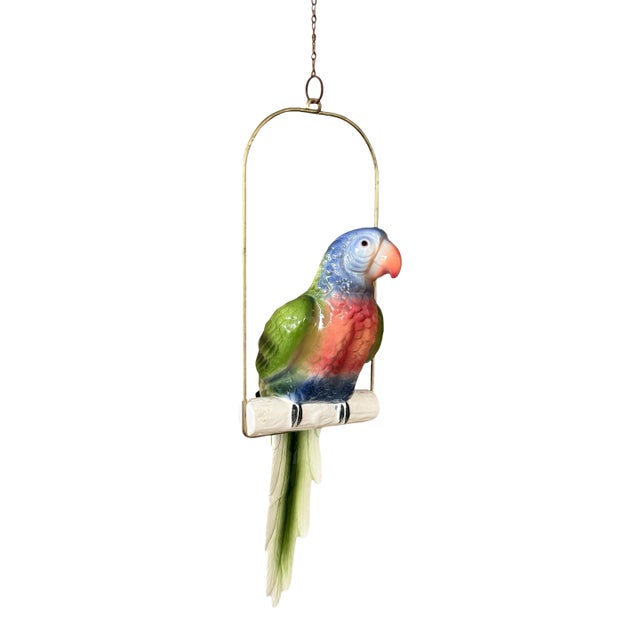 Vintage Ceramic Glazed Parrot on Brass Perch With Hanging Chain For Sale