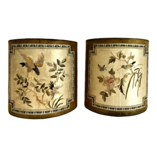 A Pair of Chinese Export Storage Canisters With Silk Embroidery Patches For Sale
