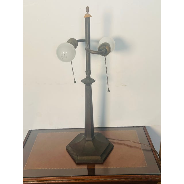 Bronze Antique Tiffany Studios Style Bronze Glass Lamp Numbered For Sale - Image 8 of 11