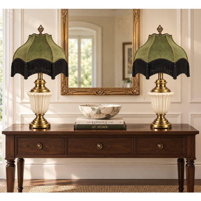 Vintage Neoclassical Cream Urn Lamps With Olive Velvet Fringe Shades - Pair For Sale In Los Angeles - Image 6 of 12