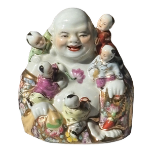 Vintage Chinoiserie Style / Palm Beach Style Famille Rose Porcelain Laughing Buddha With Five Children