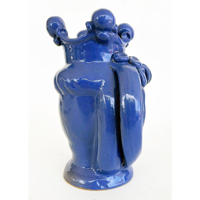 Blue Sicilian Caltagirone Blue Glazed Ceramic Pottery Figurative Vase, Signed For Sale - Image 8 of 11